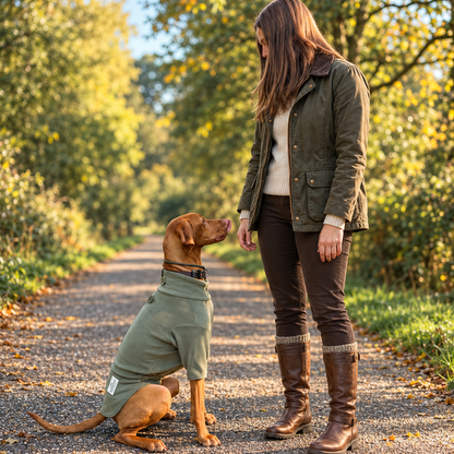 A woman stands on a gravel path in a wooded outdoor setting next to a brown dog wearing an olive green dog sweater. The woman is dressed in an olive green jacket, white sweater, dark brown pants, and brown leather boots.