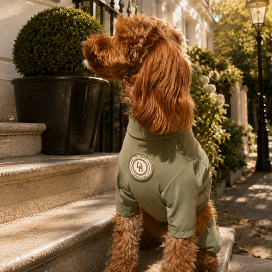 Dog in a green coat standing on a street with a building and street sign in the background