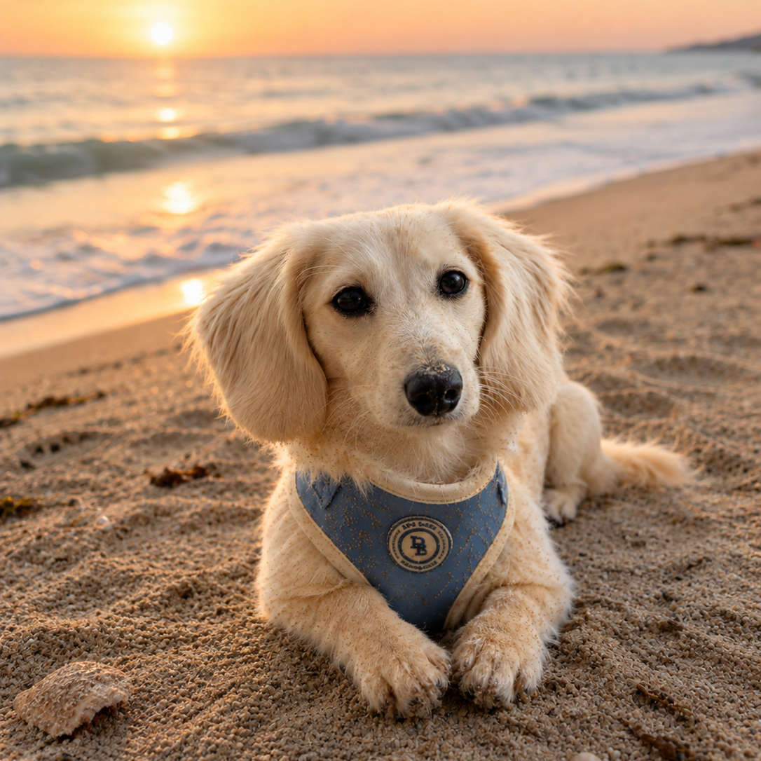 Dog on a beach at sunset with a sunset in the background