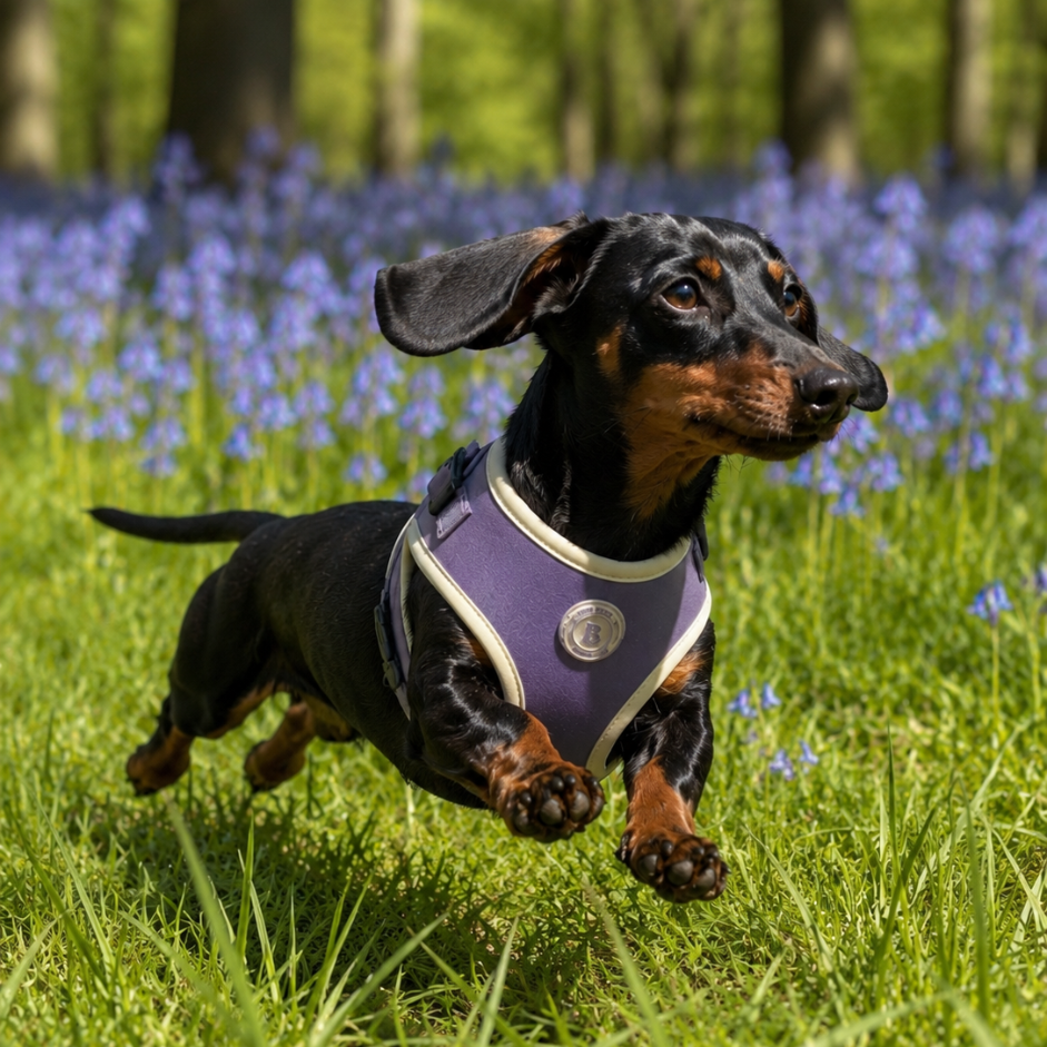 A black and tan dachshund running through a grassy field filled with blue flowers, wearing a purple harness with white trim.