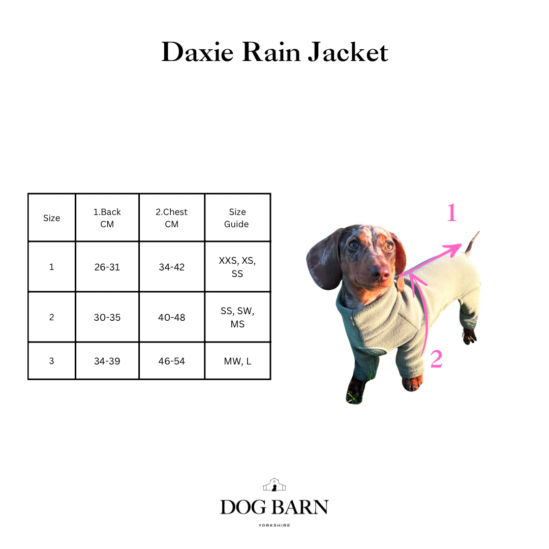 Daxie Rain Jacket size chart with a dog wearing the jacket on a white background, featuring the brand 'Dog Barn'.