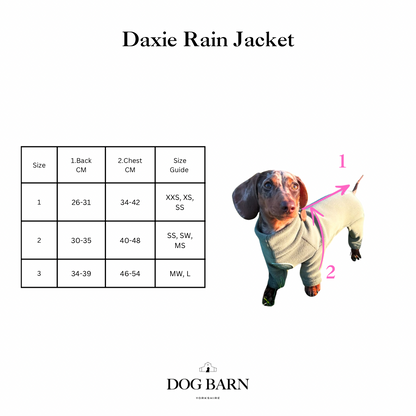 Daxie Rain Jacket size chart with a dog wearing the jacket on a white background, featuring the brand 'Dog Barn'.
