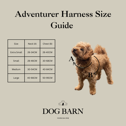 Dog harness size guide with a dog illustration and measurement chart on a beige background.